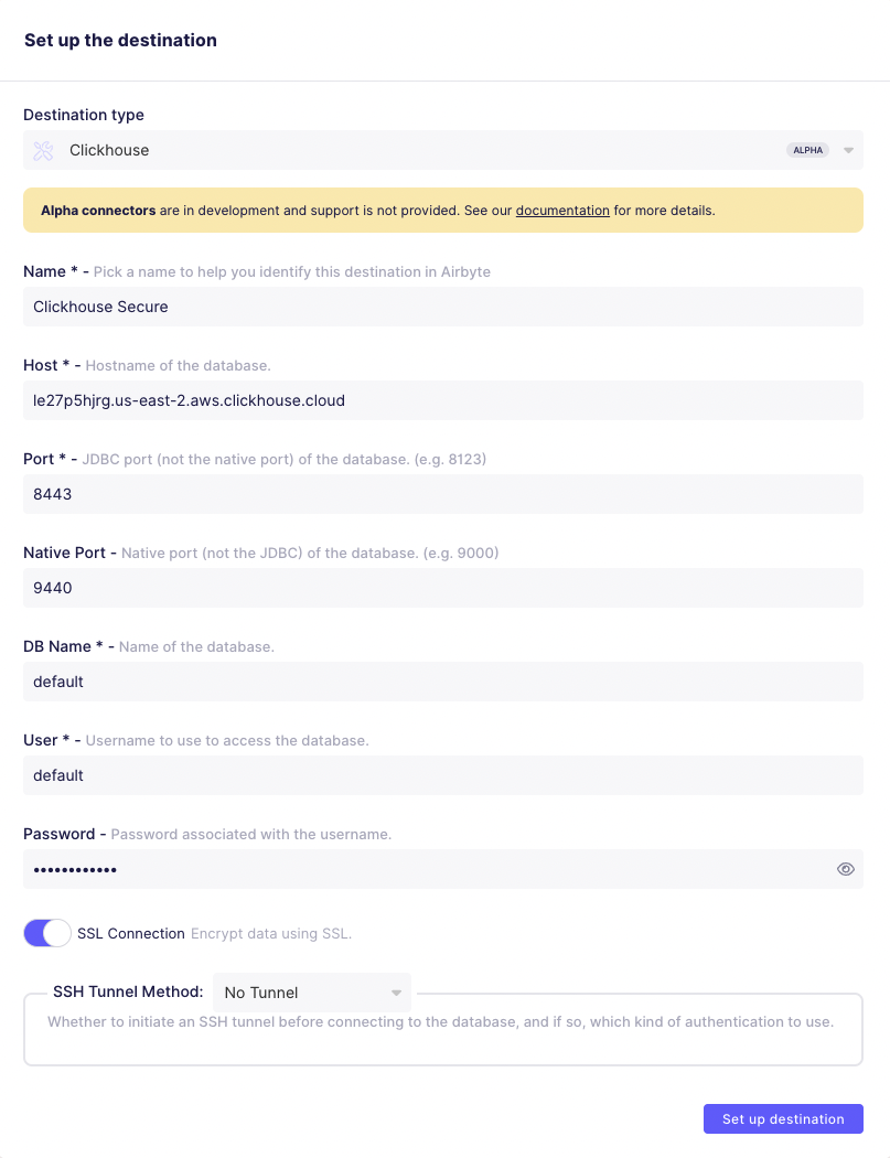Airbyte에서 ClickHouse 대상을 생성하는 화면