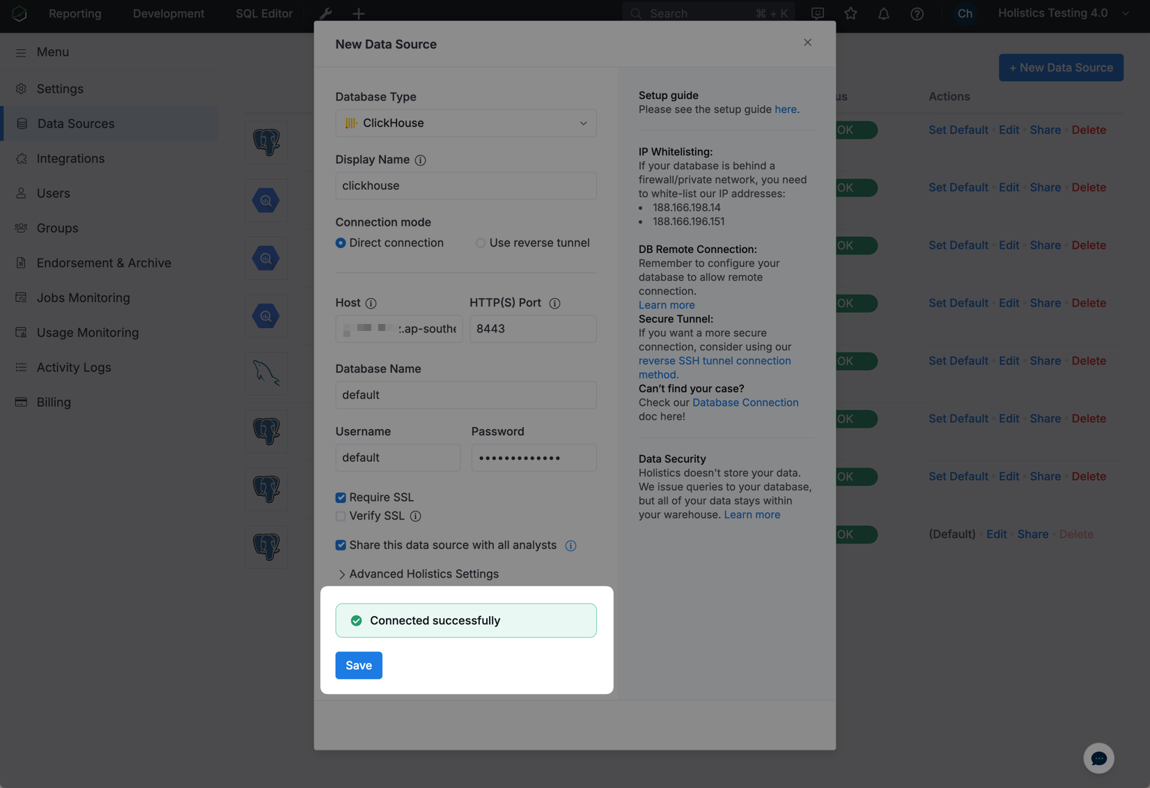 Holistics에서 ClickHouse 연결 테스트가 성공한 화면