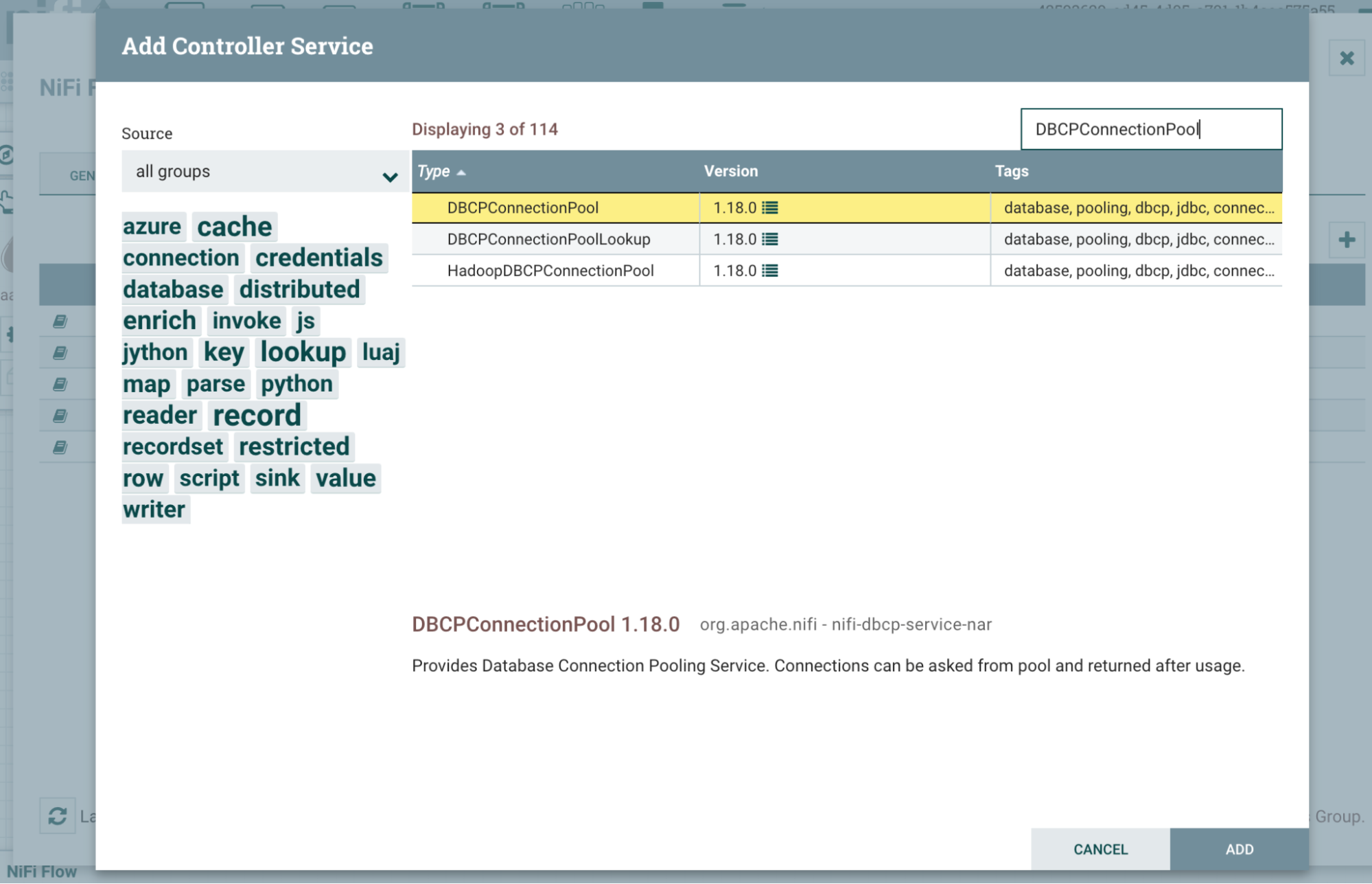 DBCPConnectionPool이 강조 표시된 컨트롤러 서비스 선택 대화 상자