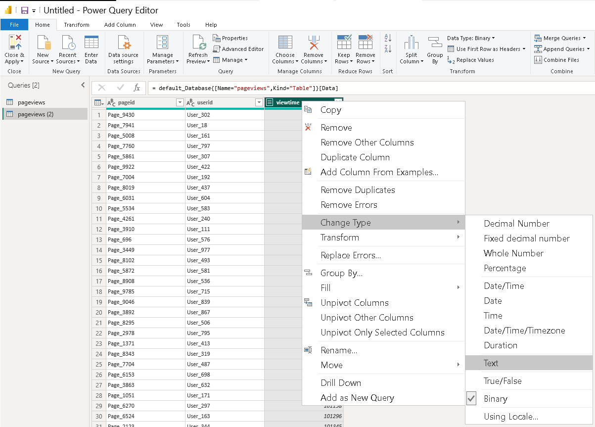 Power Query Editor에서 UInt64 컬럼의 데이터 타입 변환을 보여주는 화면
