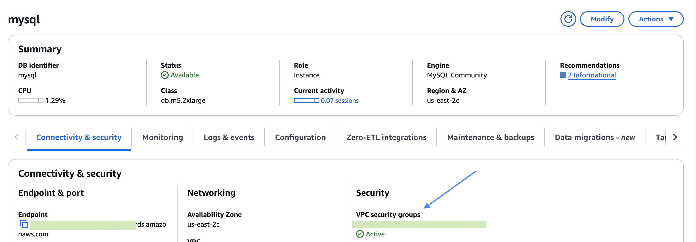 RDS MySQL에서 보안 그룹을 찾는 위치