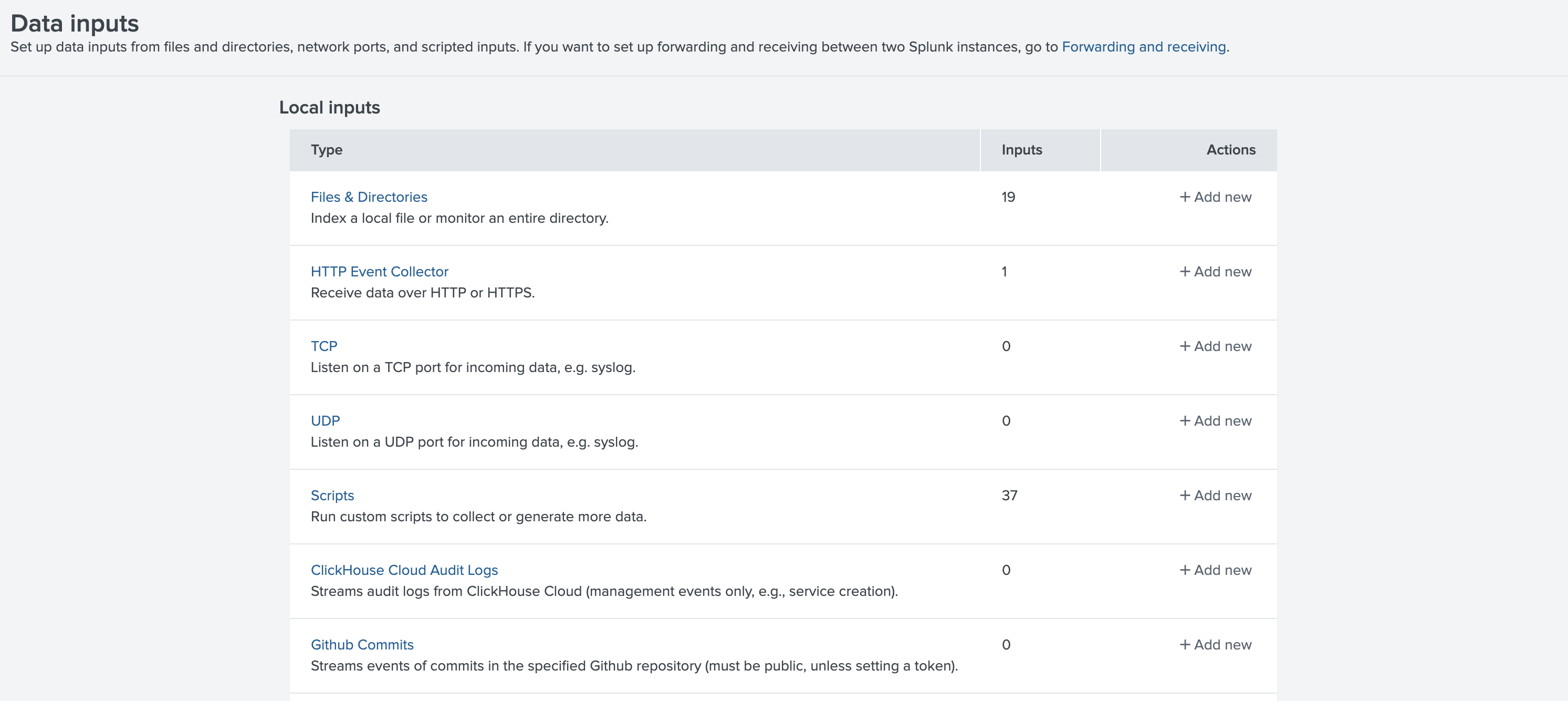 Data inputs 옵션이 포함된 Settings 메뉴를 표시하는 Splunk 인터페이스