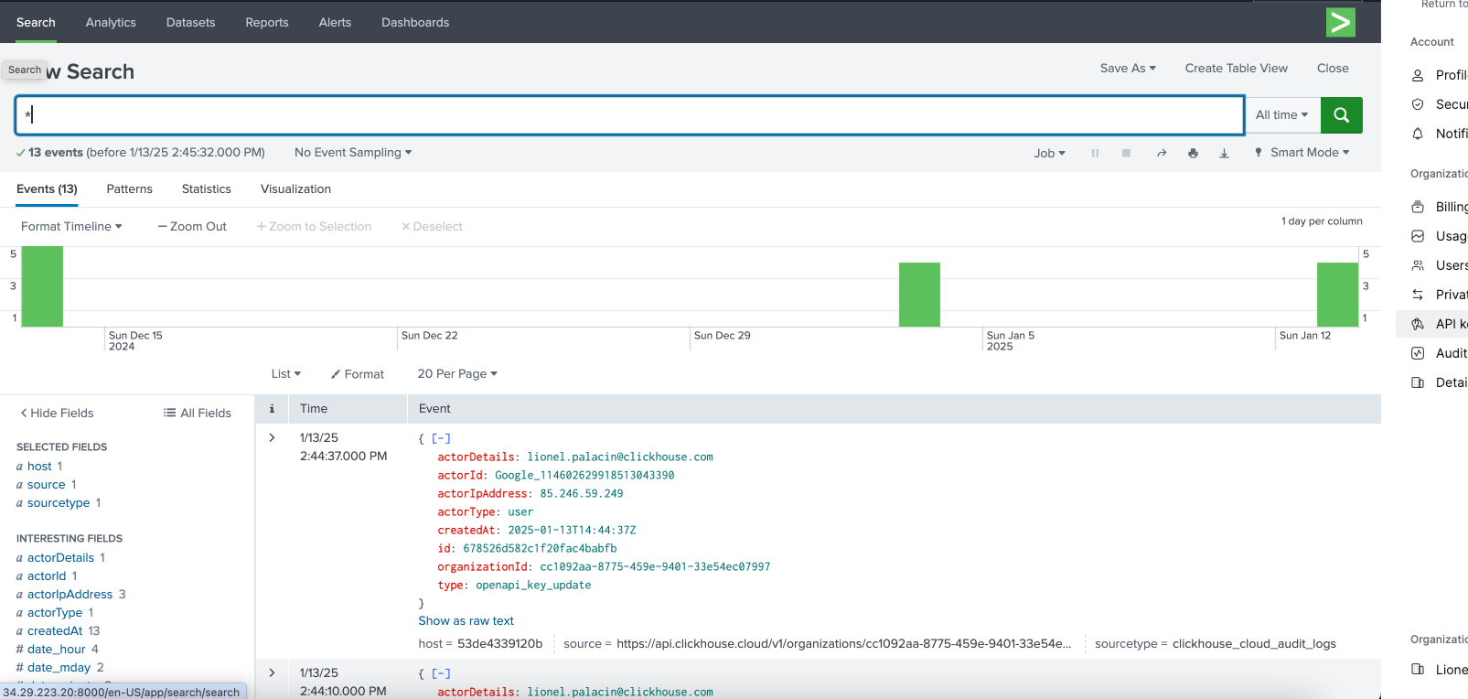 ClickHouse 감사 로그 데이터를 표시하는 Splunk 검색 인터페이스